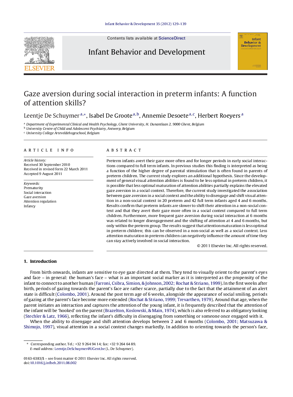 Gaze aversion during social interaction in preterm infants: A function of attention skills?