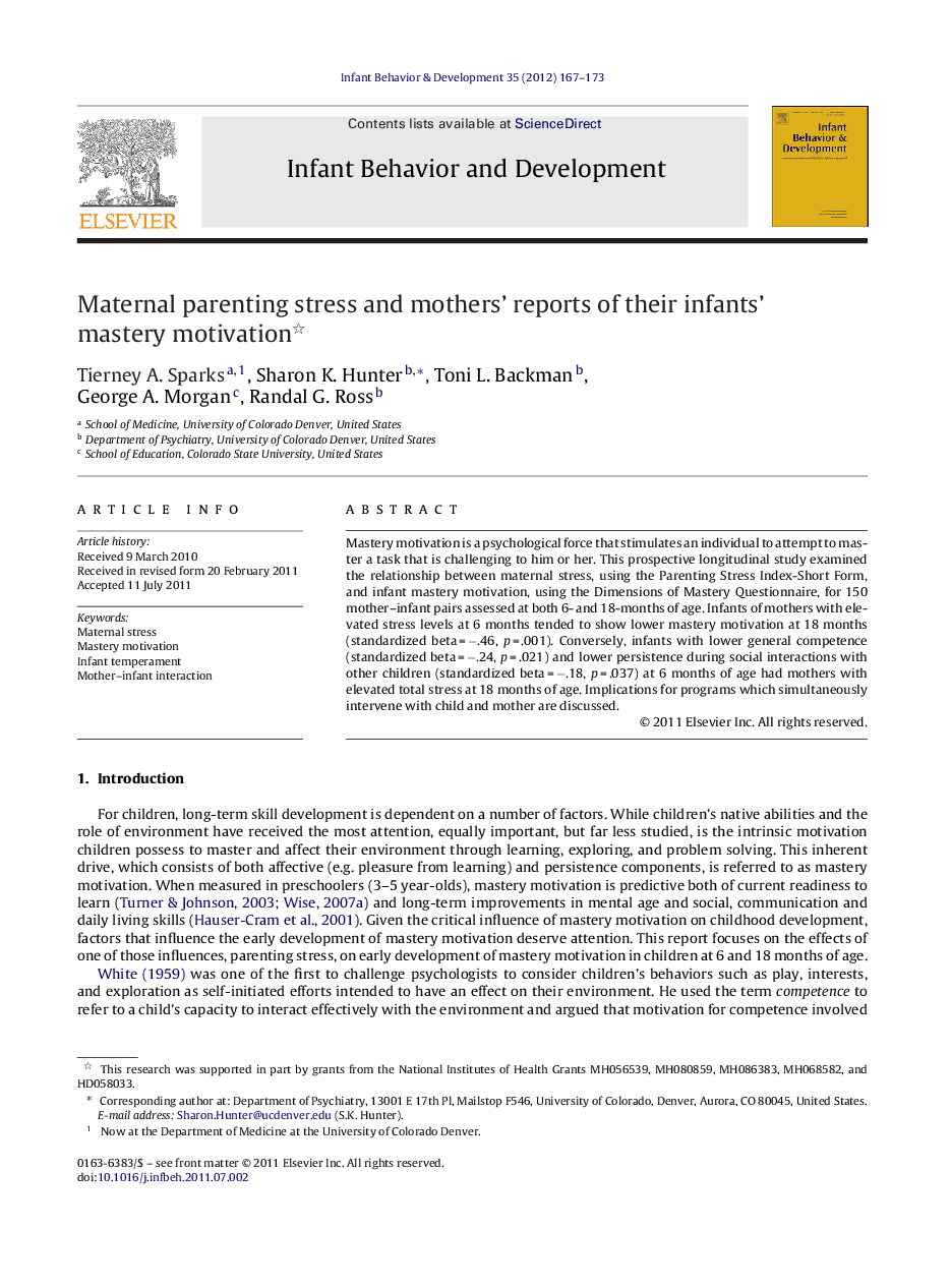 Maternal parenting stress and mothers’ reports of their infants’ mastery motivation 