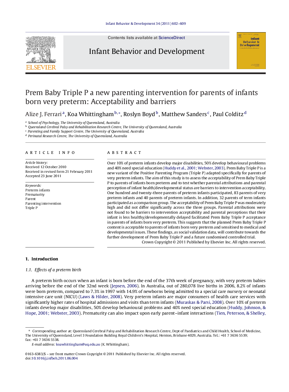 Prem Baby Triple P a new parenting intervention for parents of infants born very preterm: Acceptability and barriers