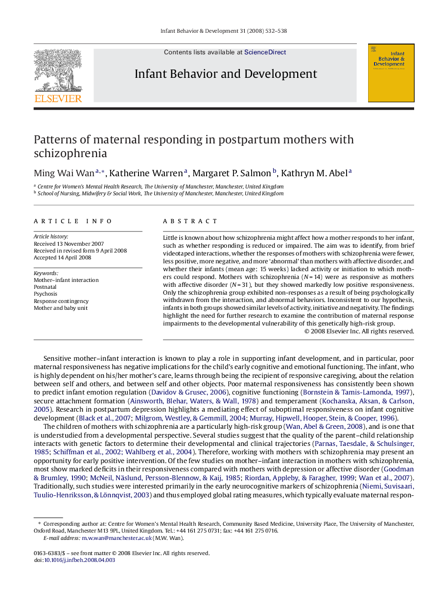 Patterns of maternal responding in postpartum mothers with schizophrenia