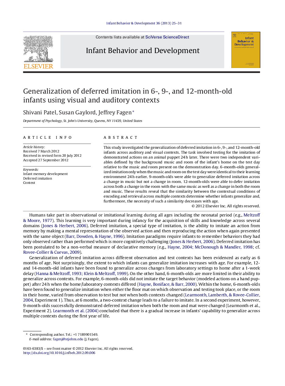 Generalization of deferred imitation in 6-, 9-, and 12-month-old infants using visual and auditory contexts