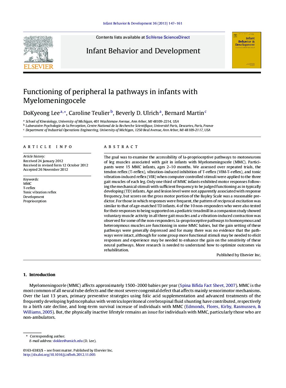 Functioning of peripheral Ia pathways in infants with Myelomeningocele