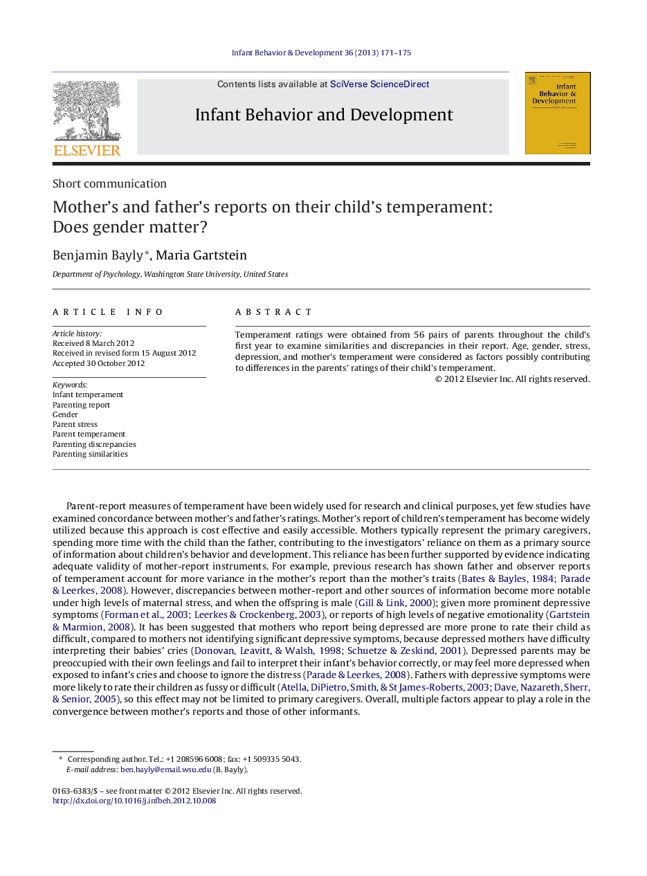 Mother's and father's reports on their child's temperament: Does gender matter?