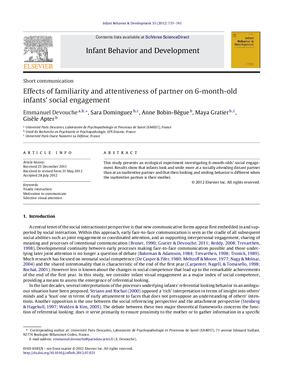 Effects of familiarity and attentiveness of partner on 6-month-old infants’ social engagement