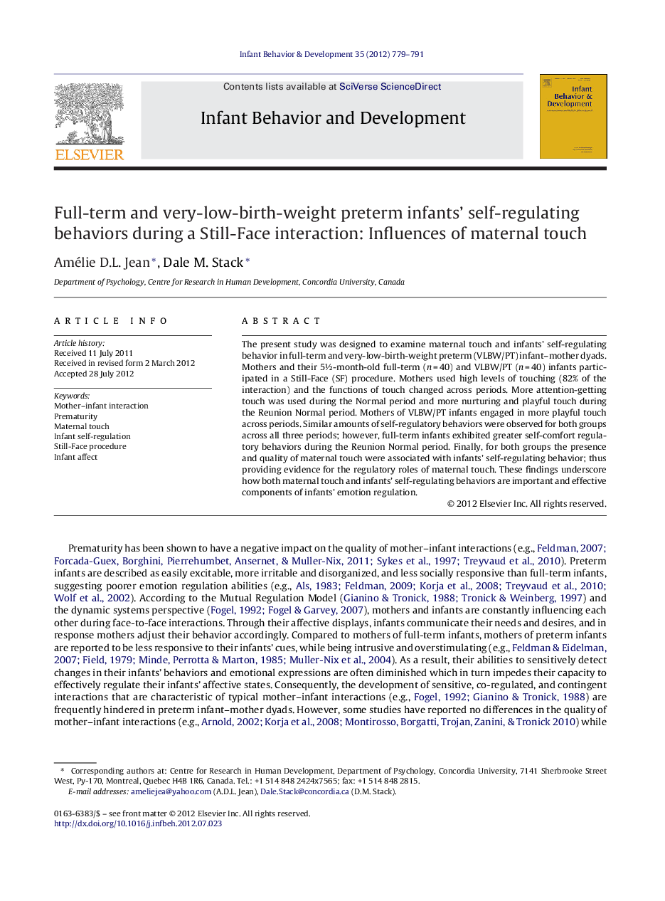 Full-term and very-low-birth-weight preterm infants’ self-regulating behaviors during a Still-Face interaction: Influences of maternal touch