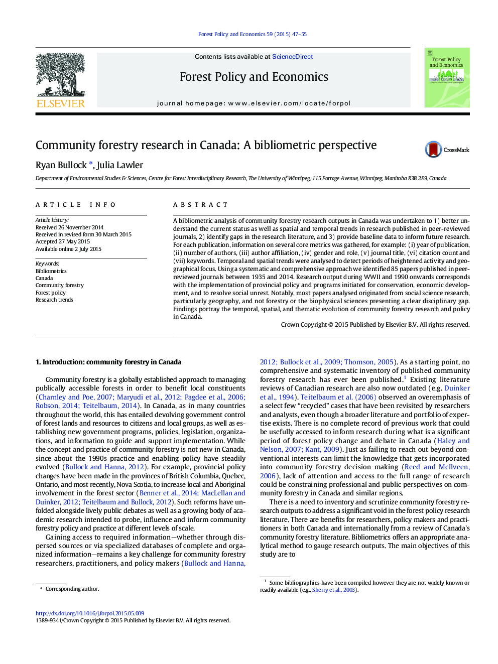 Community forestry research in Canada: A bibliometric perspective