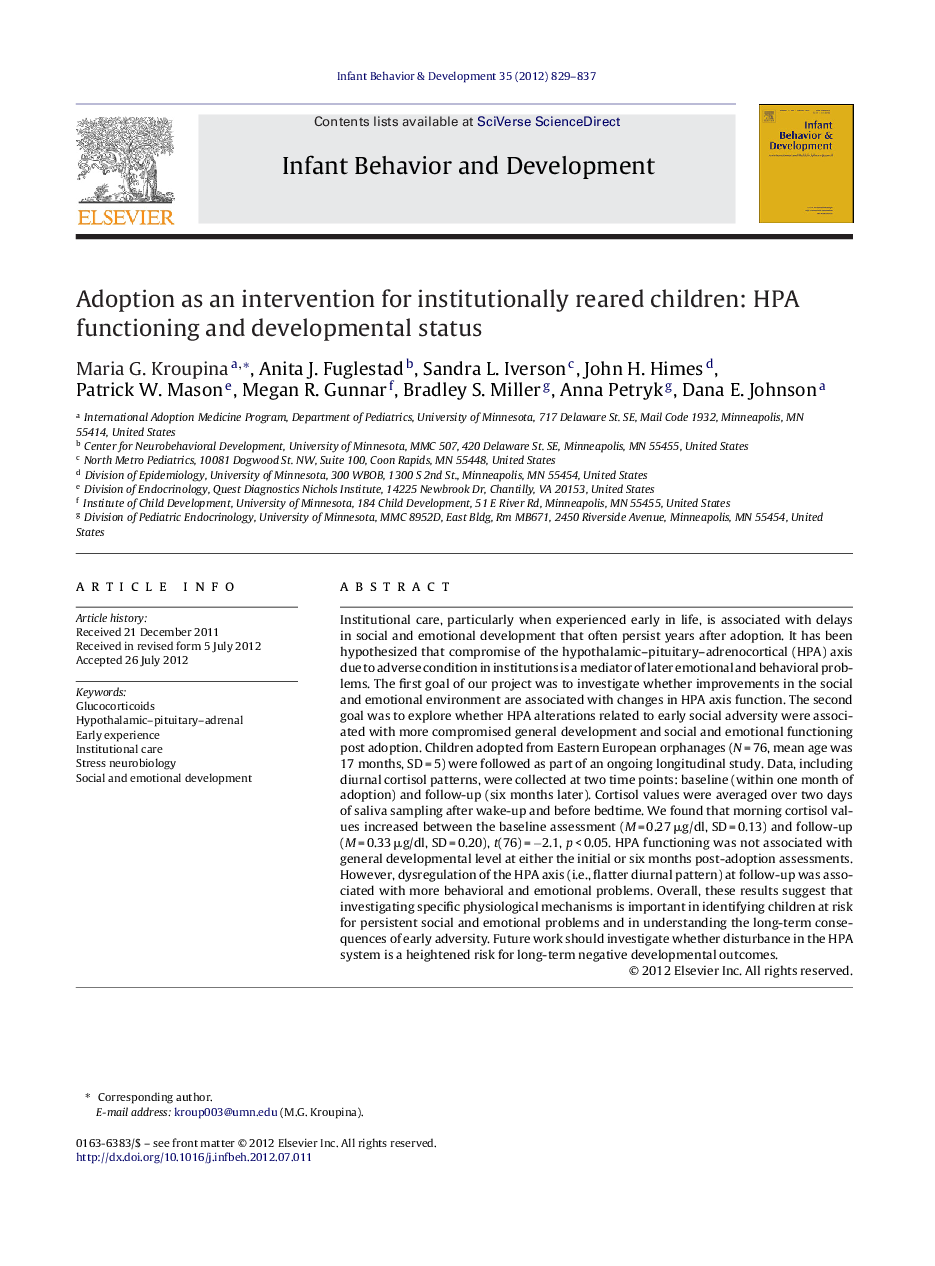 Adoption as an intervention for institutionally reared children: HPA functioning and developmental status