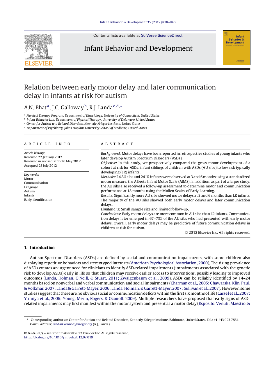 Relation between early motor delay and later communication delay in infants at risk for autism