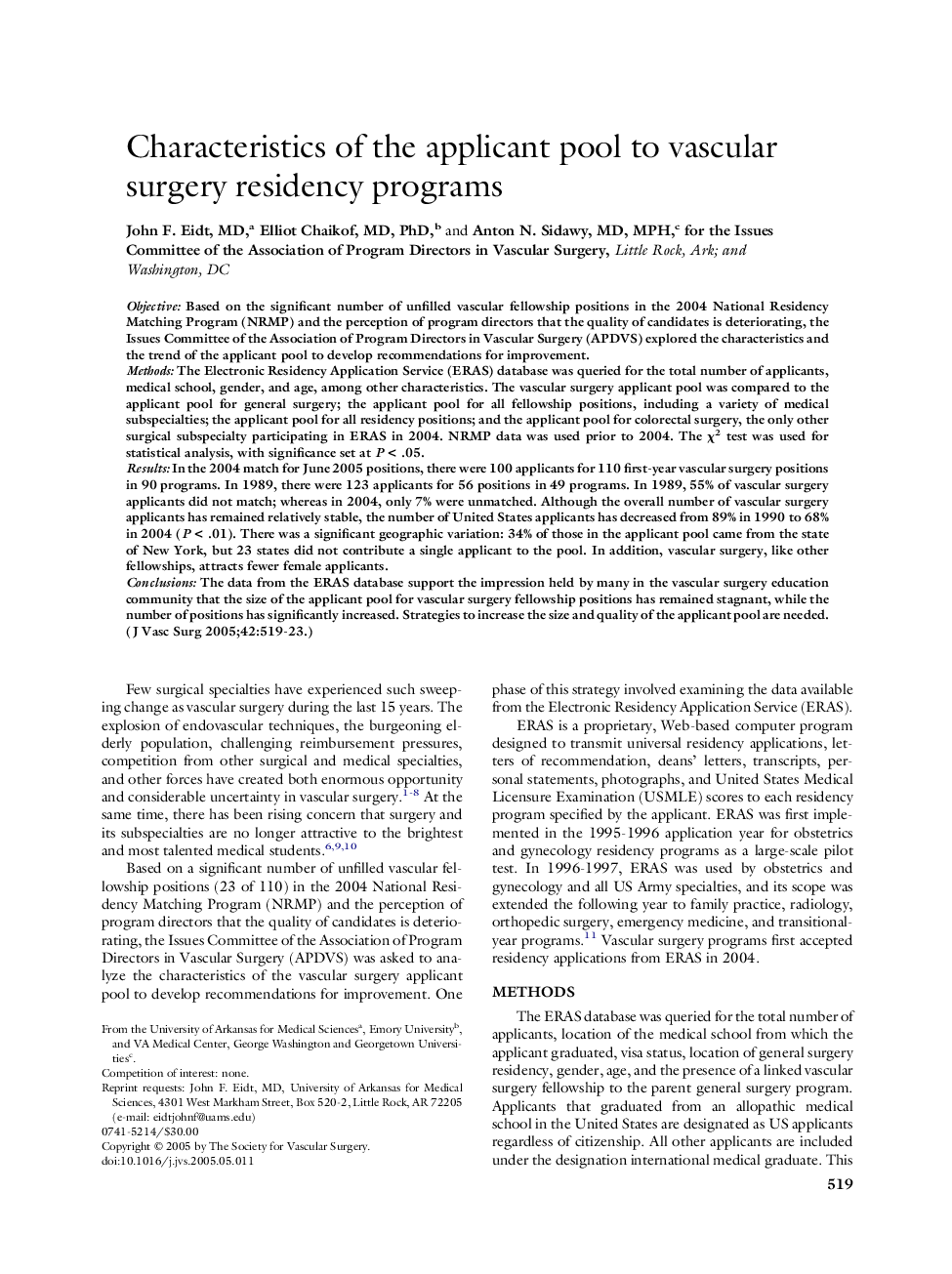Characteristics of the applicant pool to vascular surgery residency programs