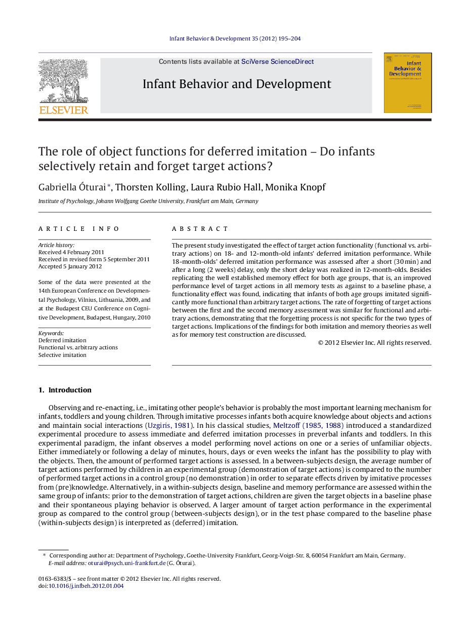 The role of object functions for deferred imitation – Do infants selectively retain and forget target actions?