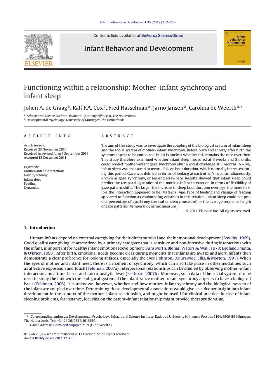 Functioning within a relationship: Mother–infant synchrony and infant sleep