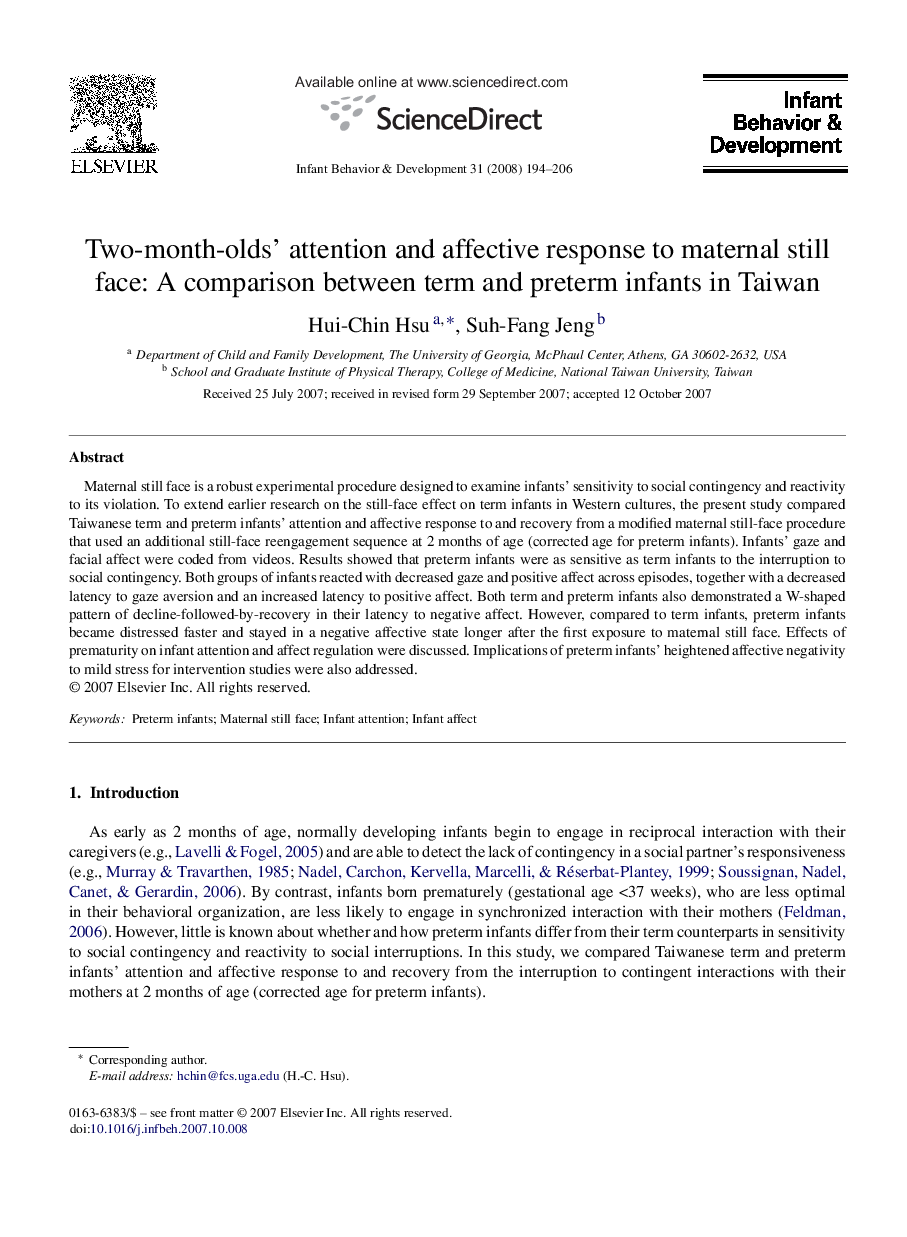 Two-month-olds’ attention and affective response to maternal still face: A comparison between term and preterm infants in Taiwan