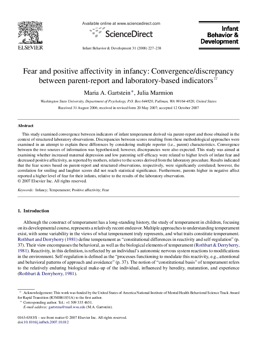 Fear and positive affectivity in infancy: Convergence/discrepancy between parent-report and laboratory-based indicators 