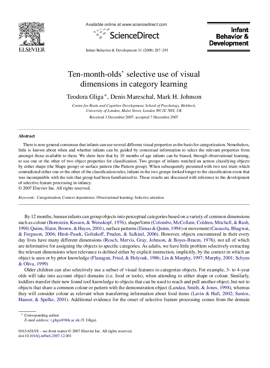 Ten-month-olds' selective use of visual dimensions in category learning