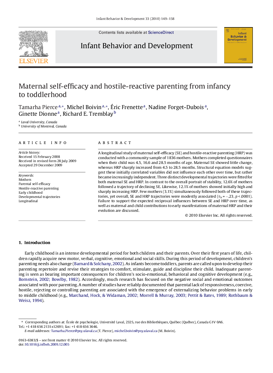 Maternal self-efficacy and hostile-reactive parenting from infancy to toddlerhood