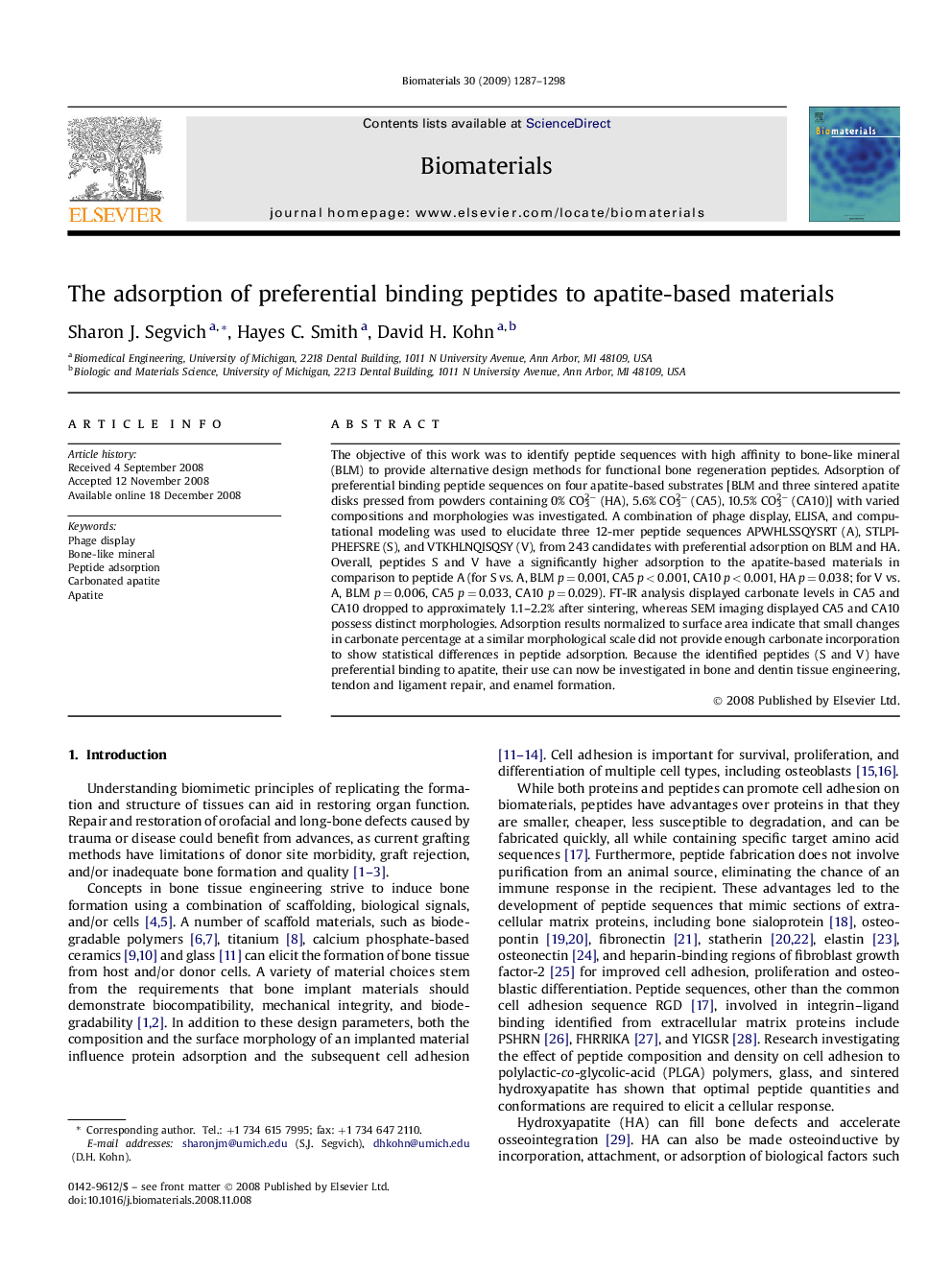 The adsorption of preferential binding peptides to apatite-based materials