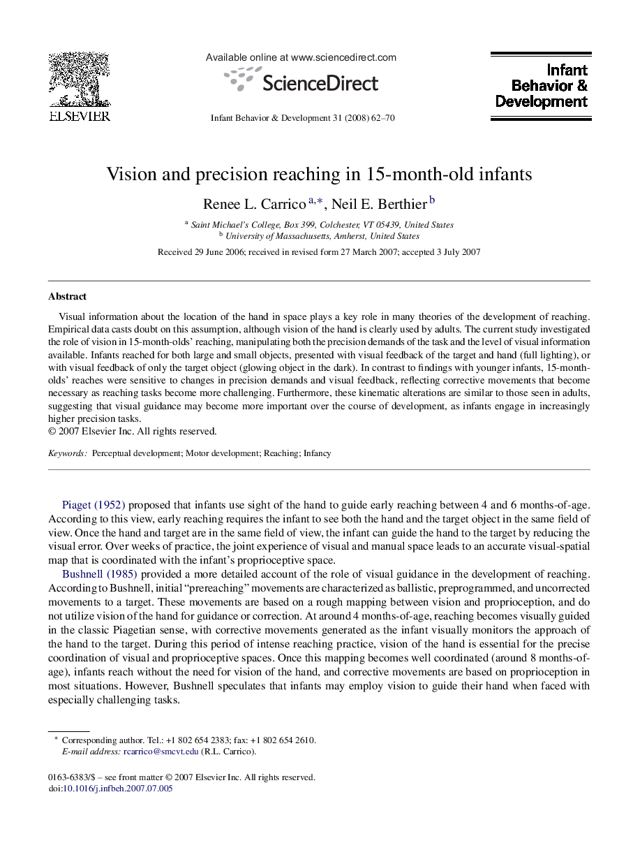 Vision and precision reaching in 15-month-old infants