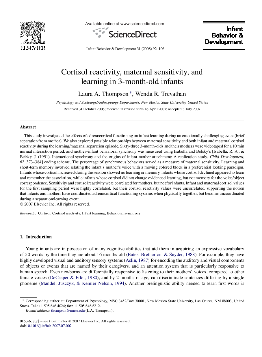 Cortisol reactivity, maternal sensitivity, and learning in 3-month-old infants