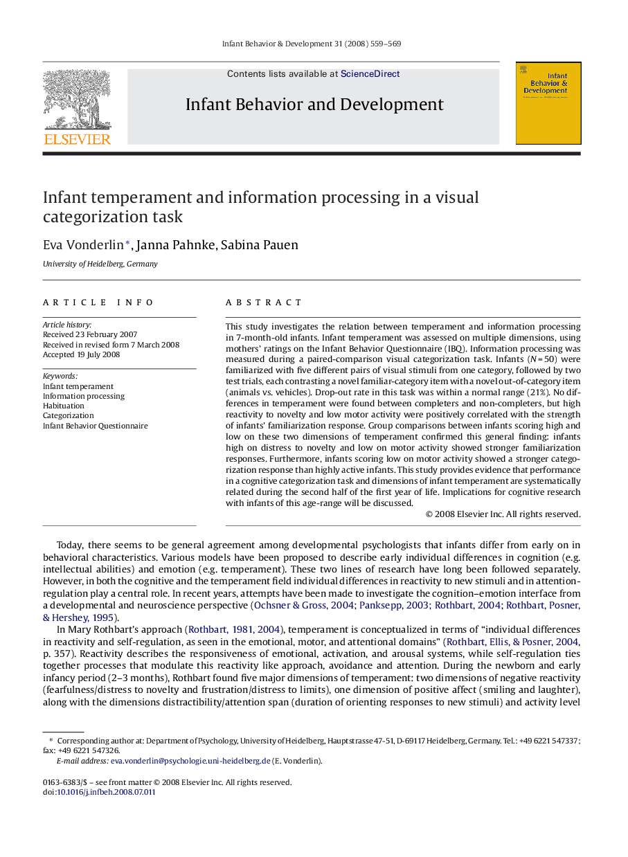 Infant temperament and information processing in a visual categorization task