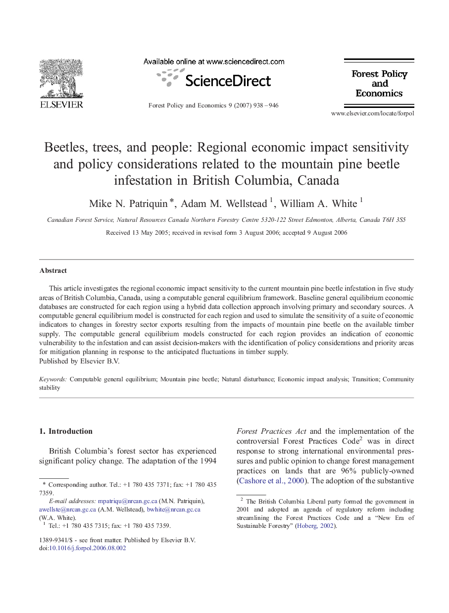 Beetles, trees, and people: Regional economic impact sensitivity and policy considerations related to the mountain pine beetle infestation in British Columbia, Canada