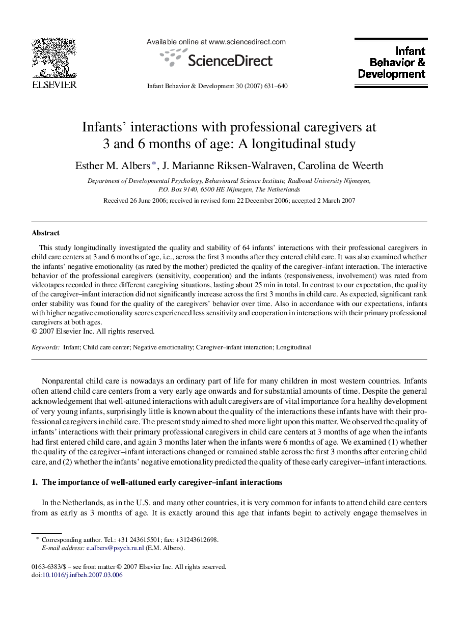 Infants’ interactions with professional caregivers at 3 and 6 months of age: A longitudinal study