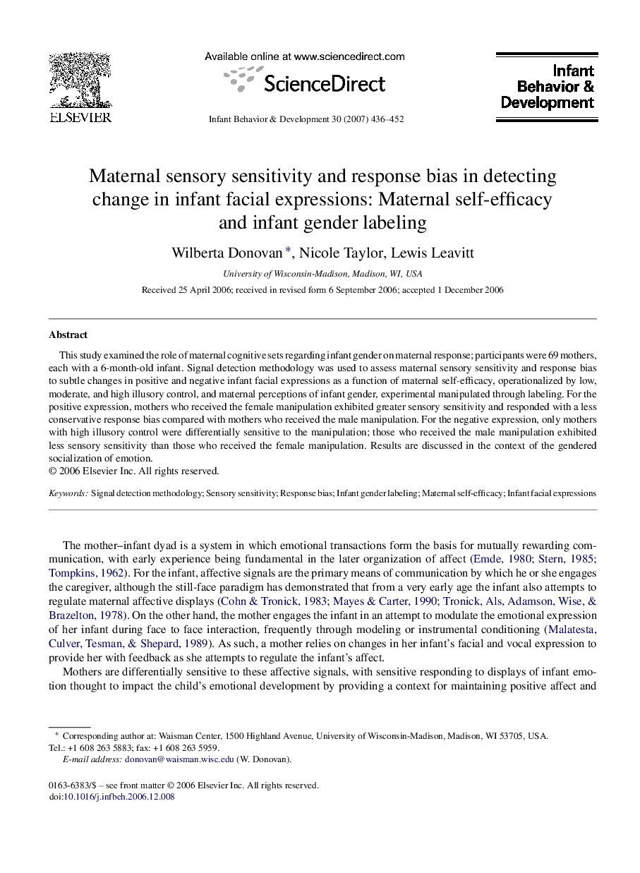 Maternal sensory sensitivity and response bias in detecting change in infant facial expressions: Maternal self-efficacy and infant gender labeling