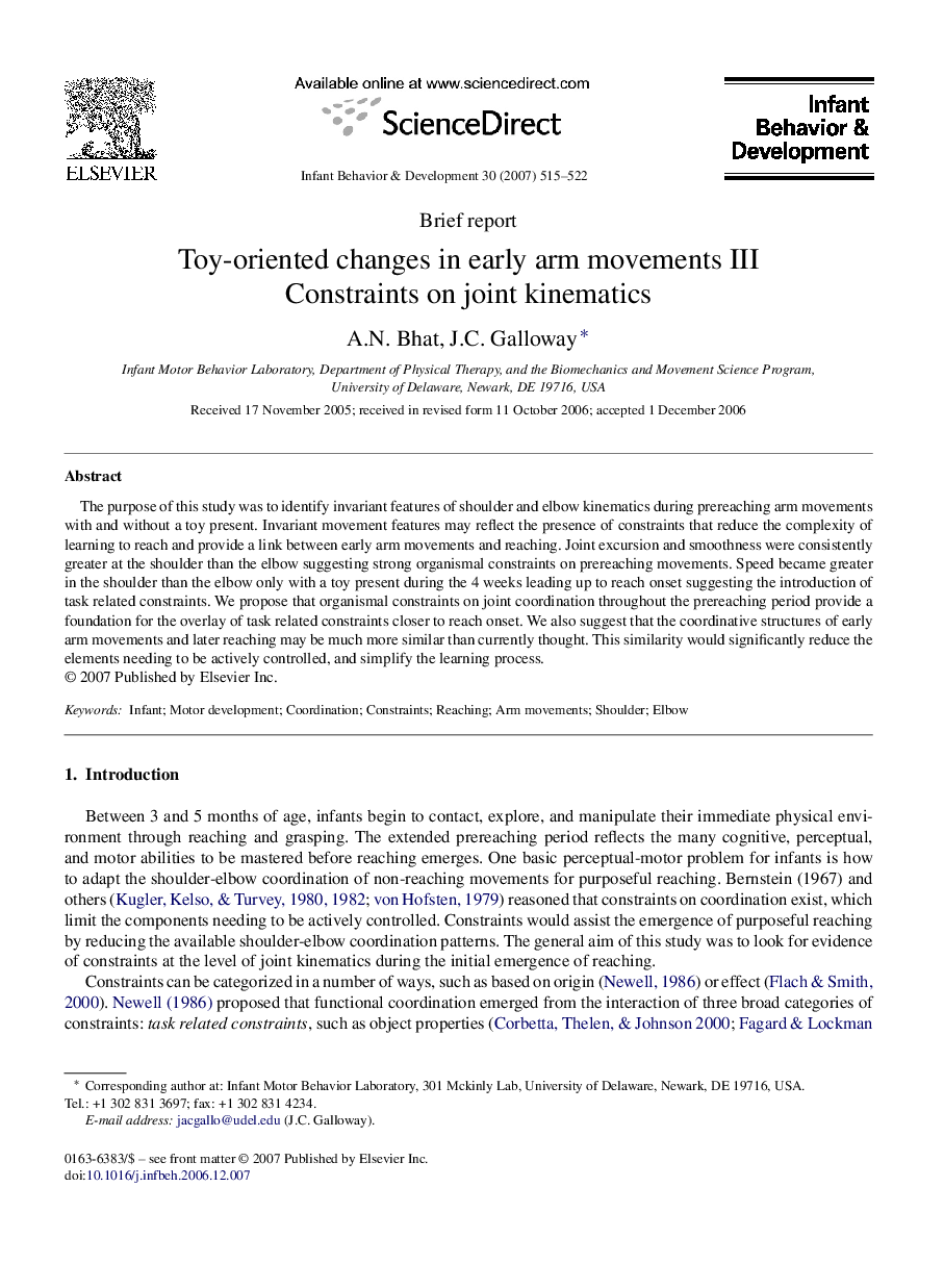 Toy-oriented changes in early arm movements III: Constraints on joint kinematics