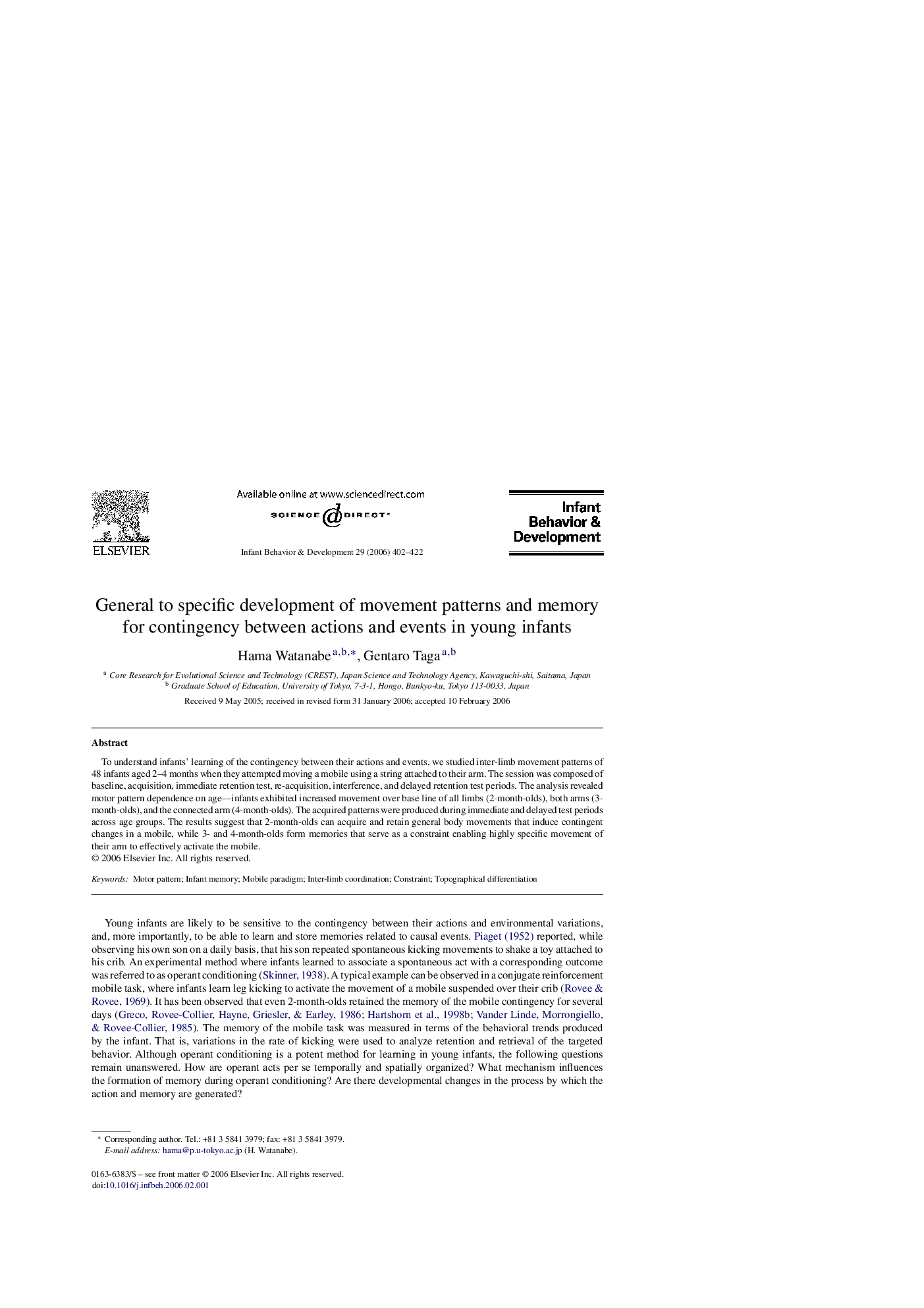 General to specific development of movement patterns and memory for contingency between actions and events in young infants