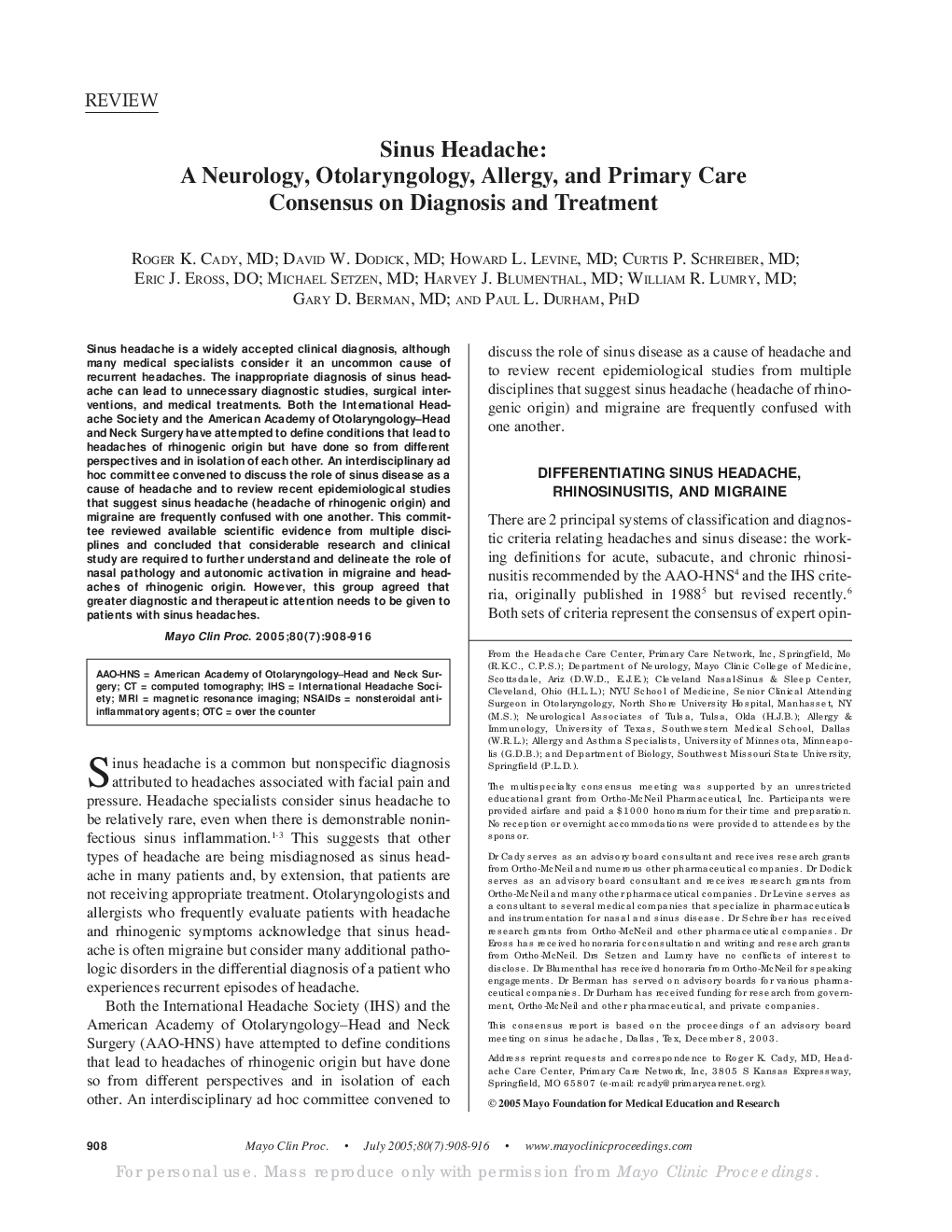 Sinus Headache: A Neurology, Otolaryngology, Allergy, and Primary Care Consensus on Diagnosis and Treatment