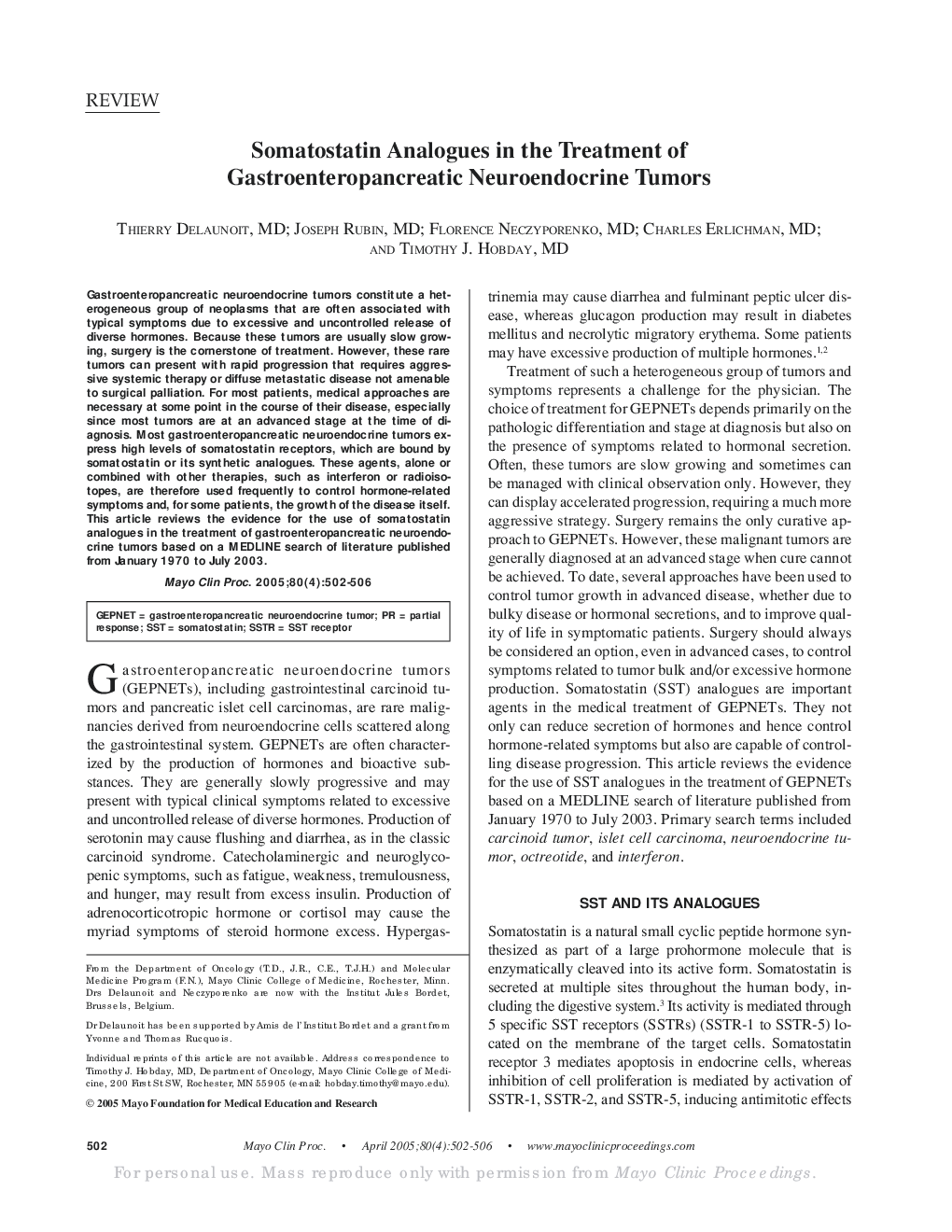 Somatostatin Analogues in the Treatment of Gastroenteropancreatic Neuroendocrine Tumors