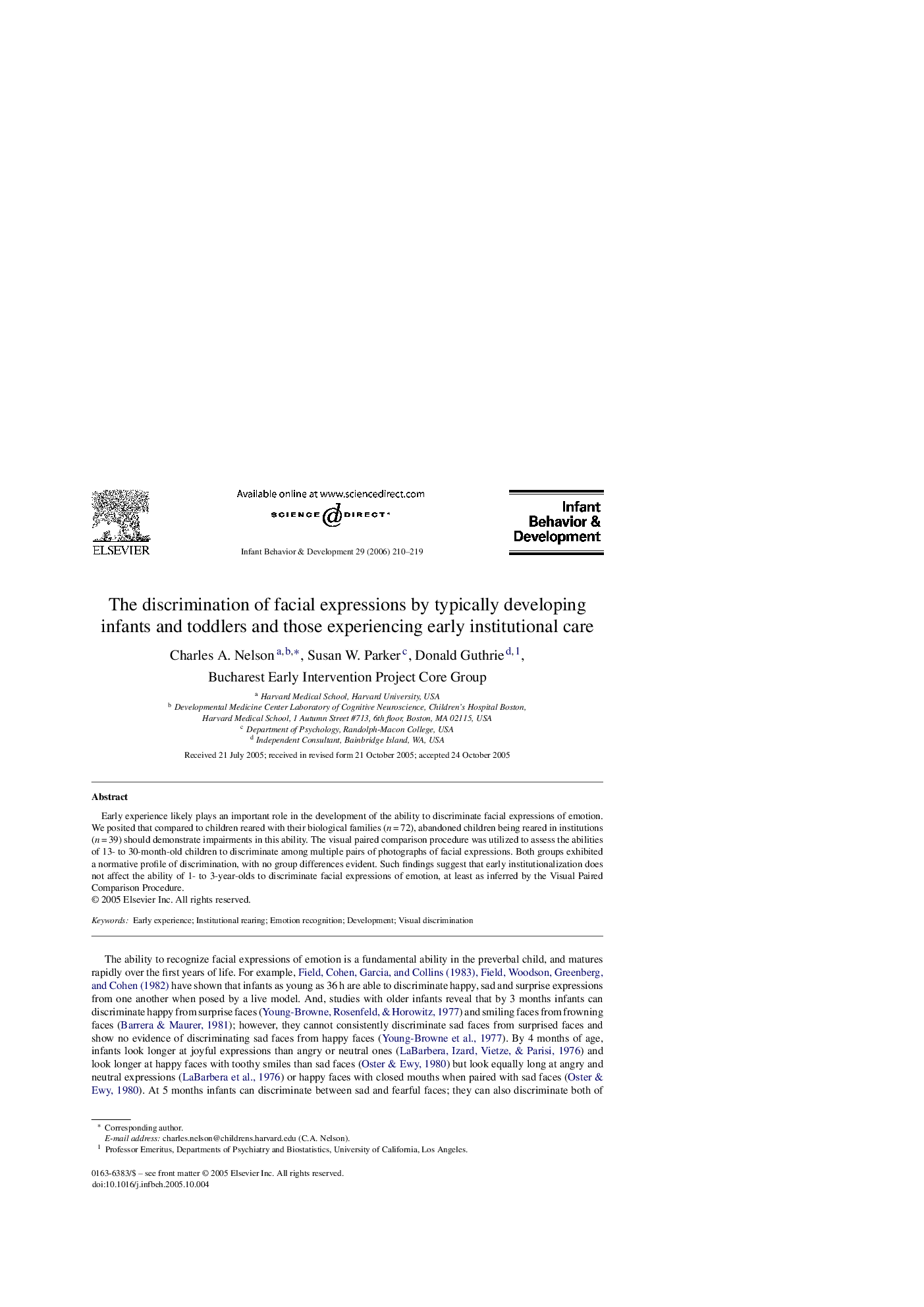 The discrimination of facial expressions by typically developing infants and toddlers and those experiencing early institutional care