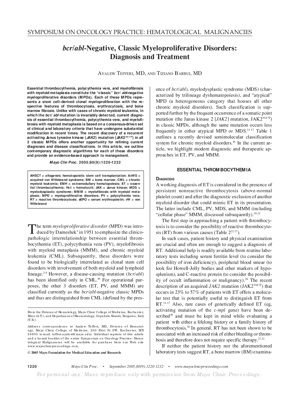 bcr/abl-Negative, Classic Myeloproliferative Disorders: Diagnosis and Treatment