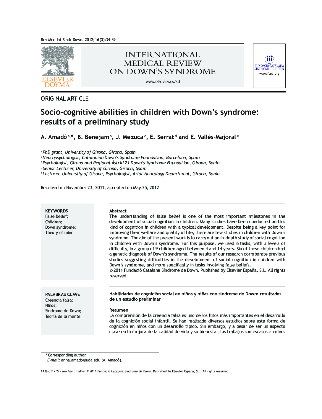 Socio-cognitive abilities in children with Down's syndrome: results of a preliminary study