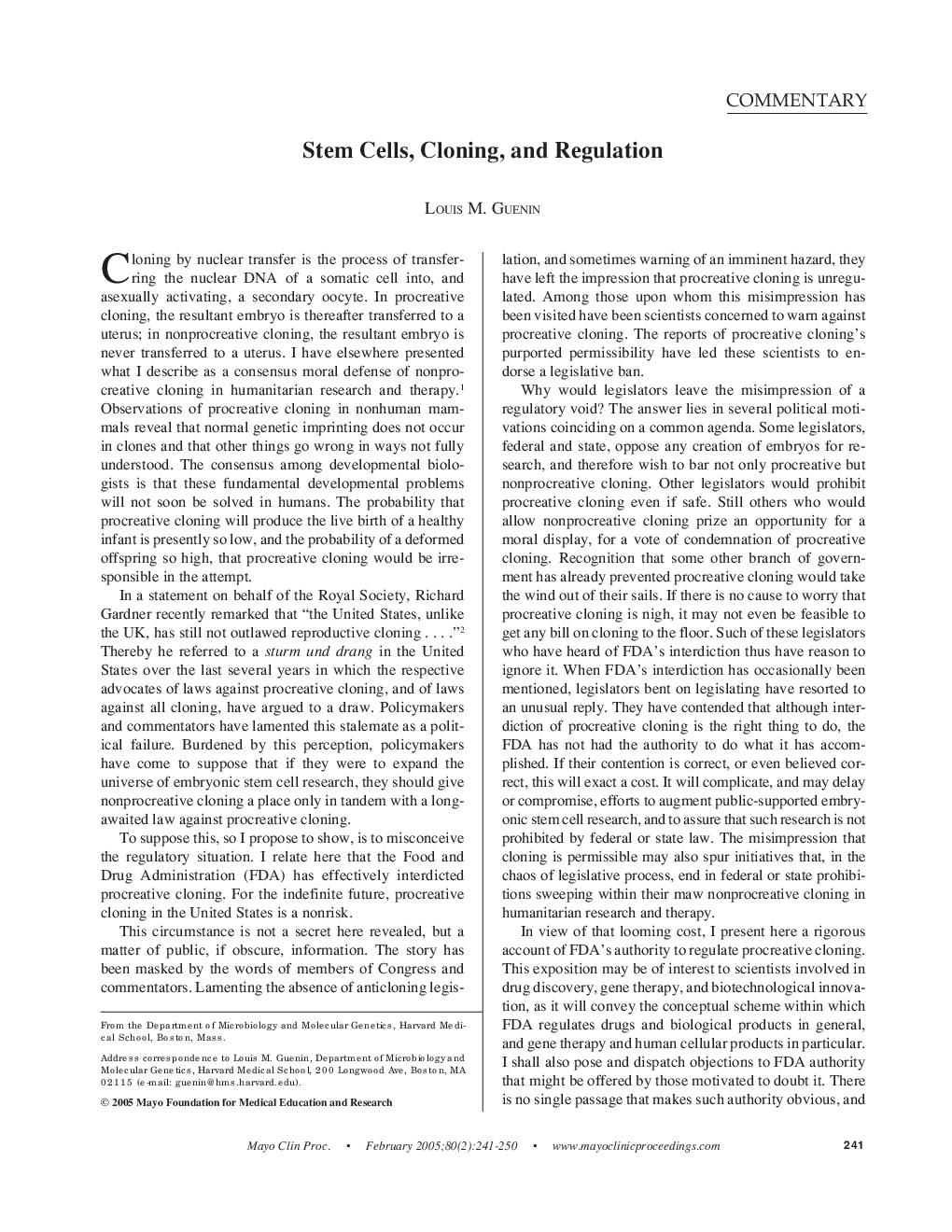 Stem Cells, Cloning, and Regulation
