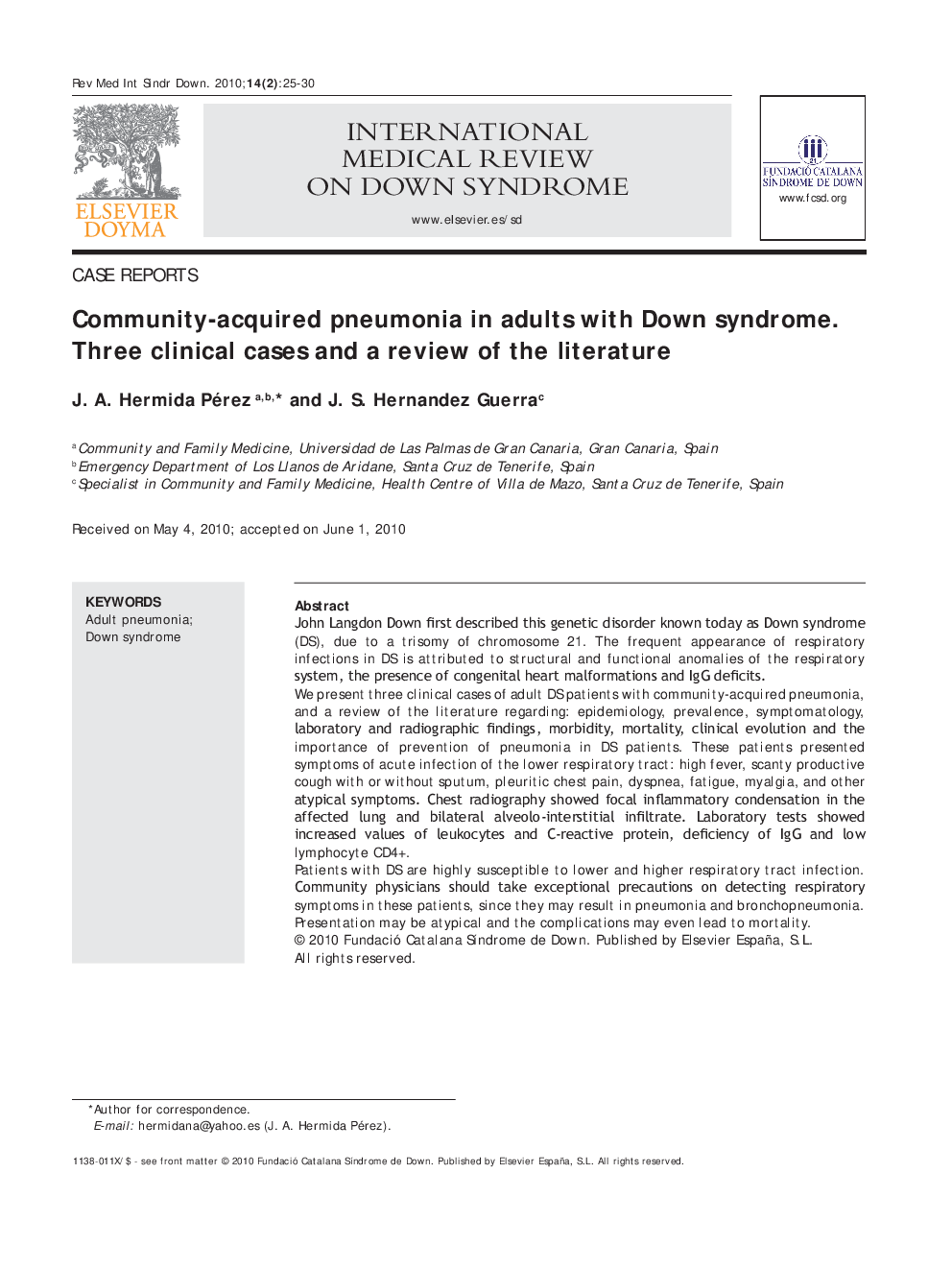 Community-acquired pneumonia in adults with Down syndrome. Three clinical cases and a review of the literature