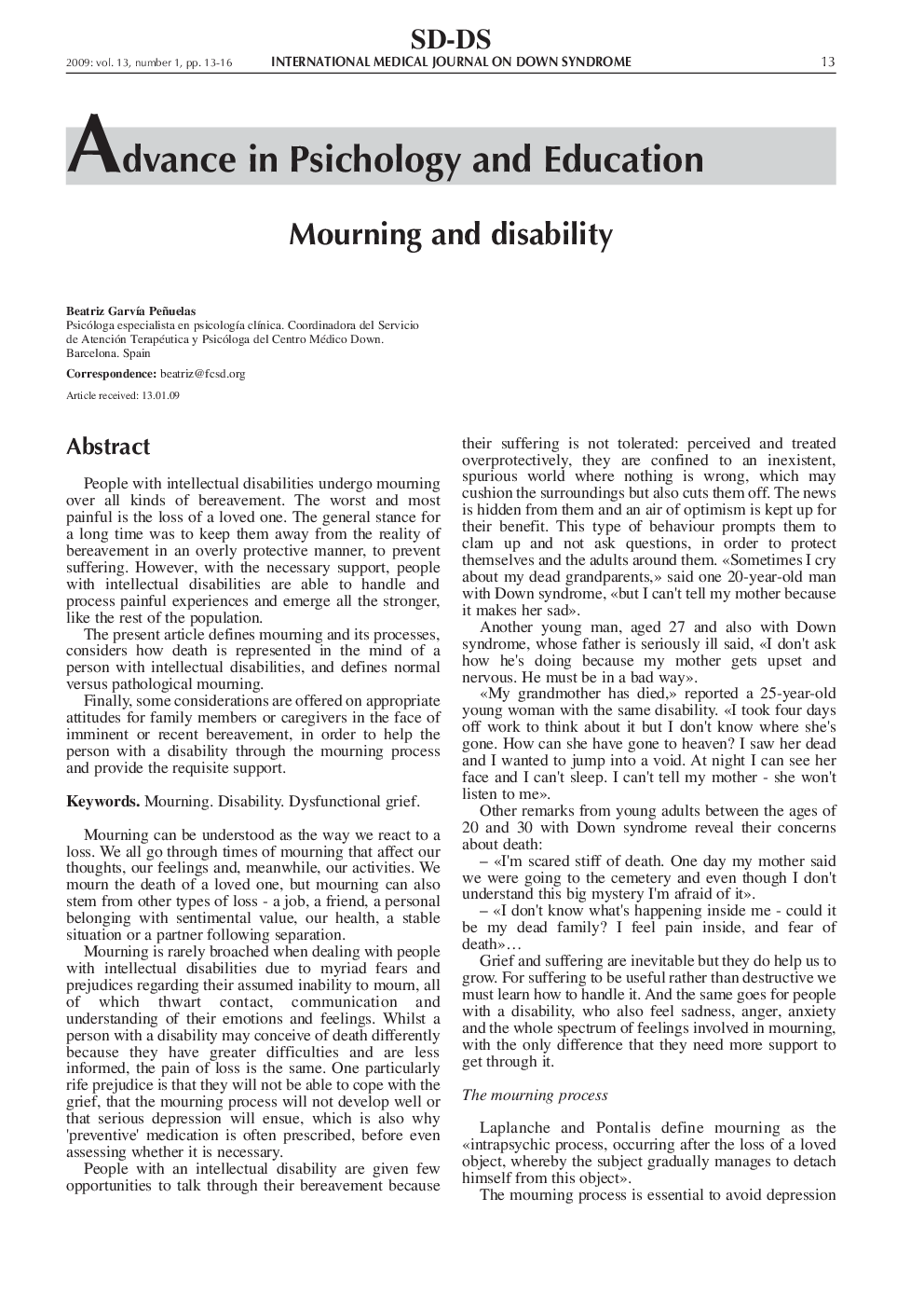 عکس صفحه اول مقاله: Mourning and disability Mourning and disability