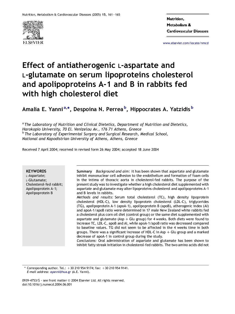 Effect of antiatherogenic l-aspartate and l-glutamate on serum lipoproteins cholesterol and apolipoproteins A-1 and B in rabbits fed with high cholesterol diet