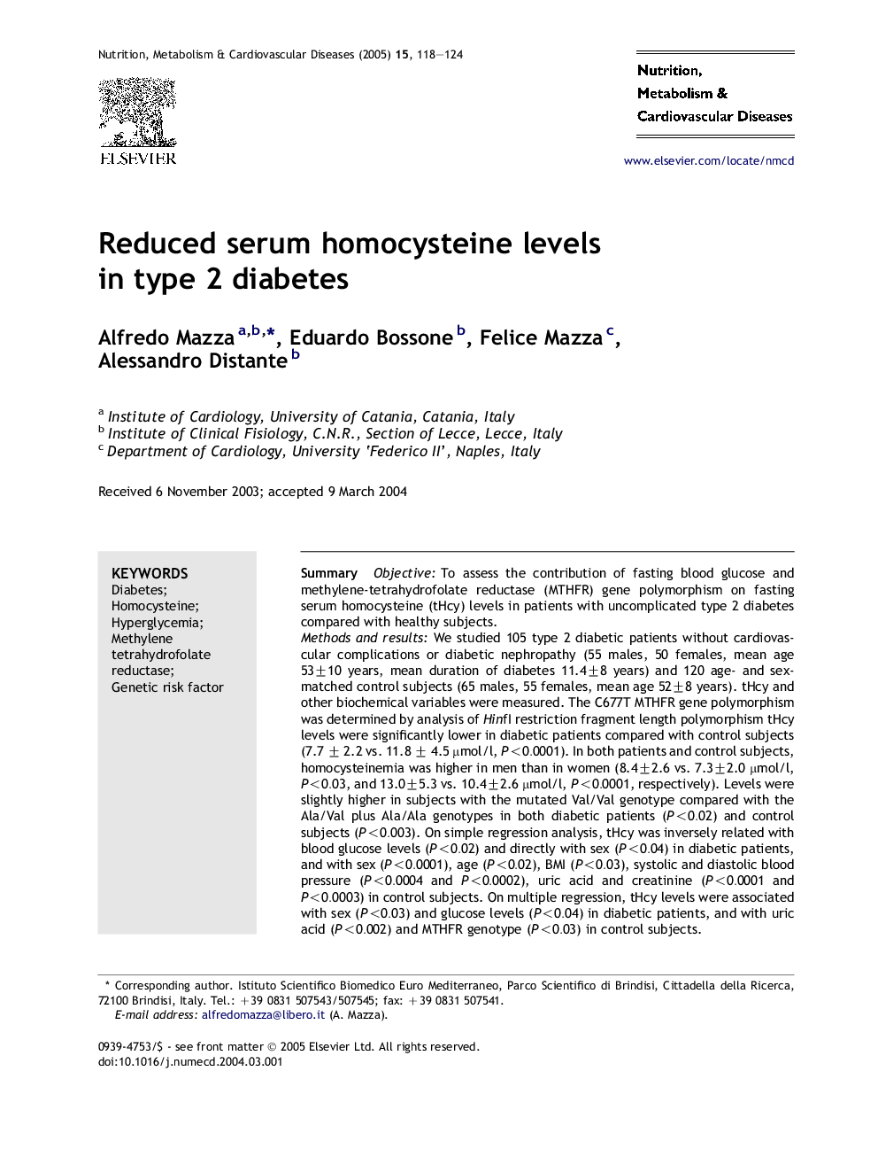 Reduced serum homocysteine levels in type 2 diabetes