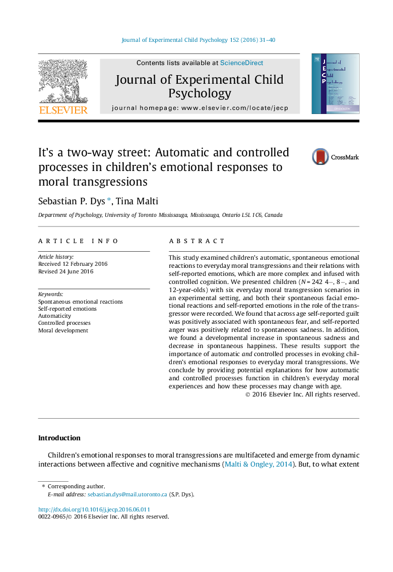 It’s a two-way street: Automatic and controlled processes in children’s emotional responses to moral transgressions