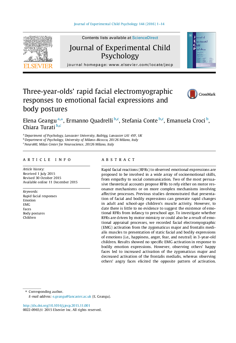 Three-year-olds’ rapid facial electromyographic responses to emotional facial expressions and body postures