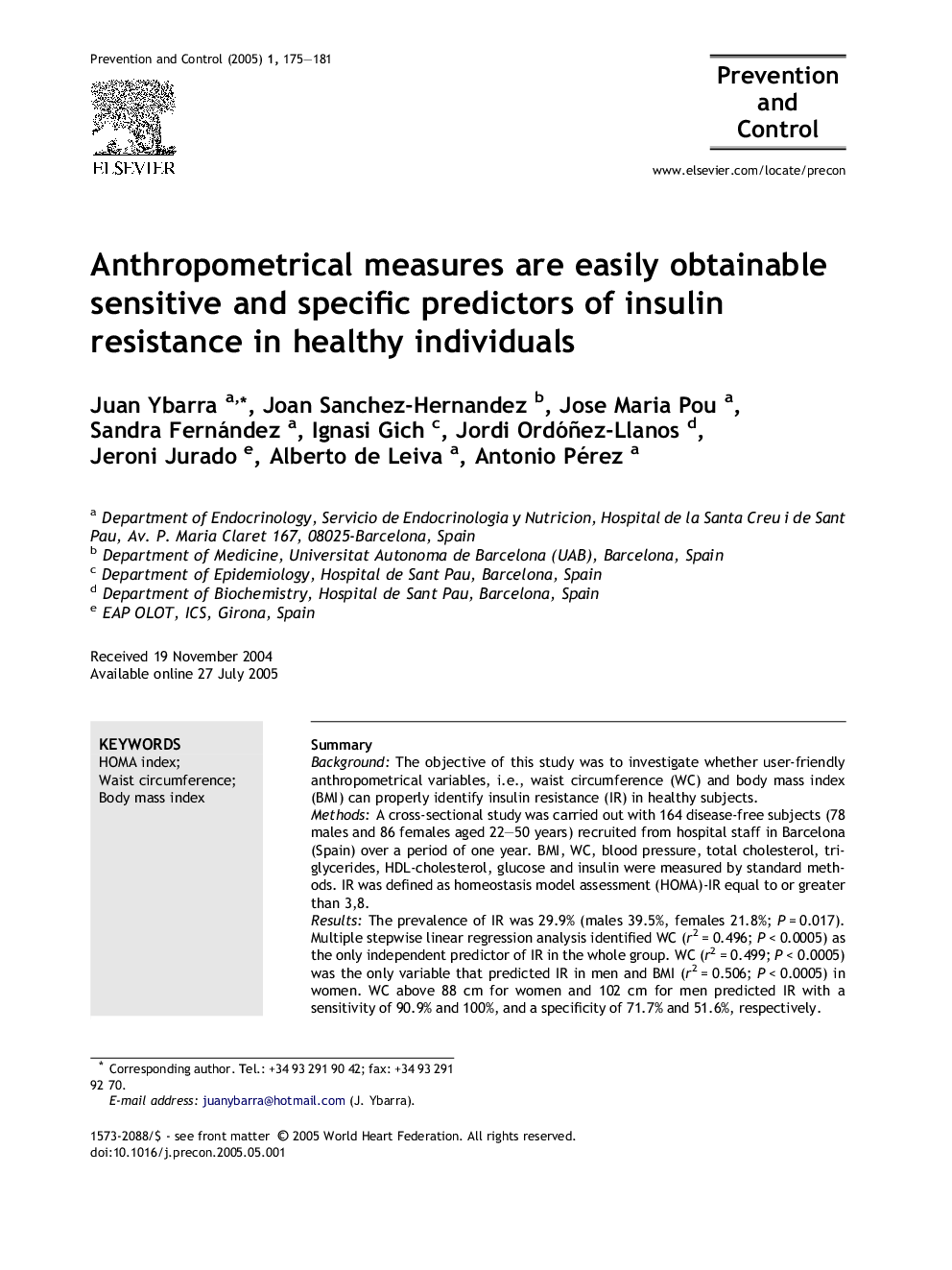 Anthropometrical measures are easily obtainable sensitive and specific predictors of insulin resistance in healthy individuals