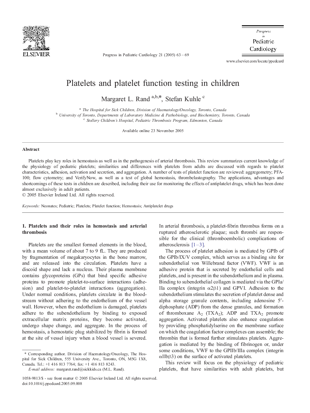 Platelets and platelet function testing in children