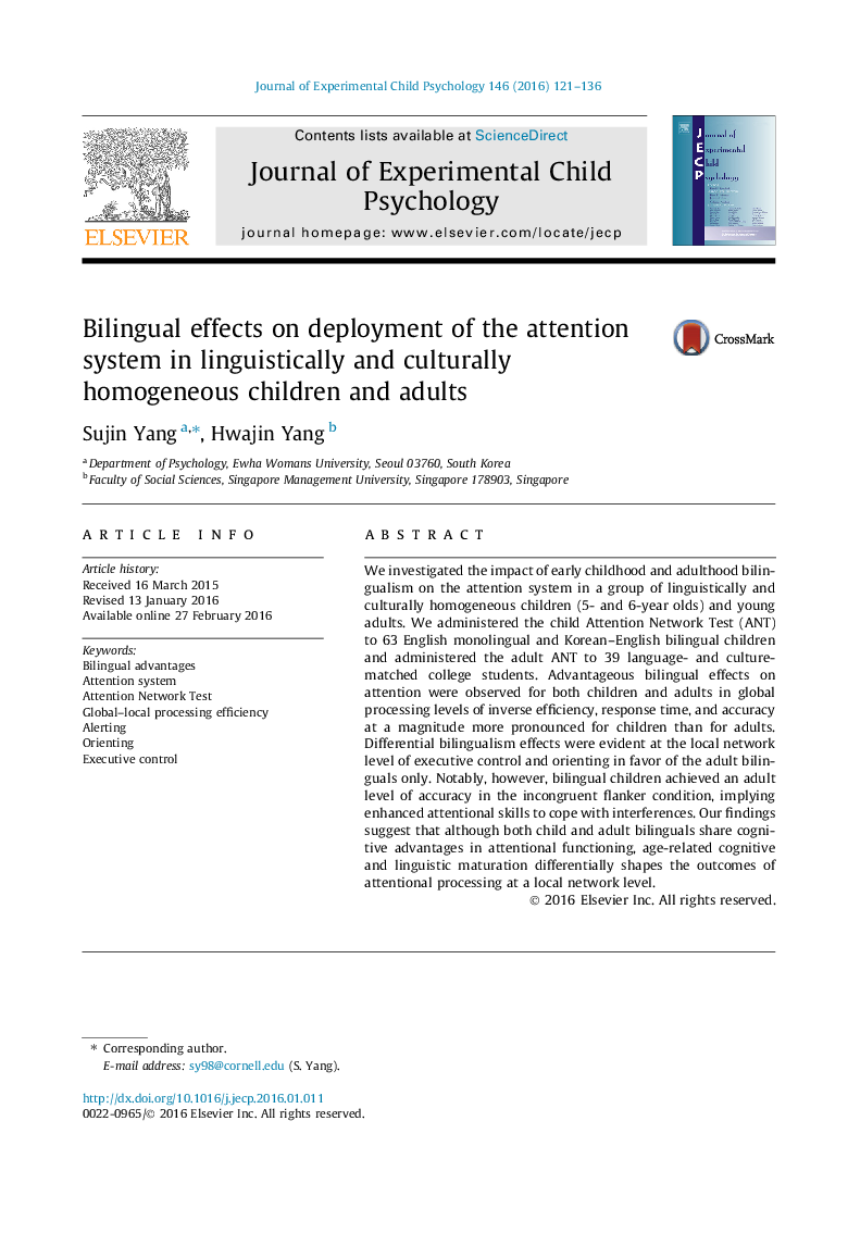 Bilingual effects on deployment of the attention system in linguistically and culturally homogeneous children and adults