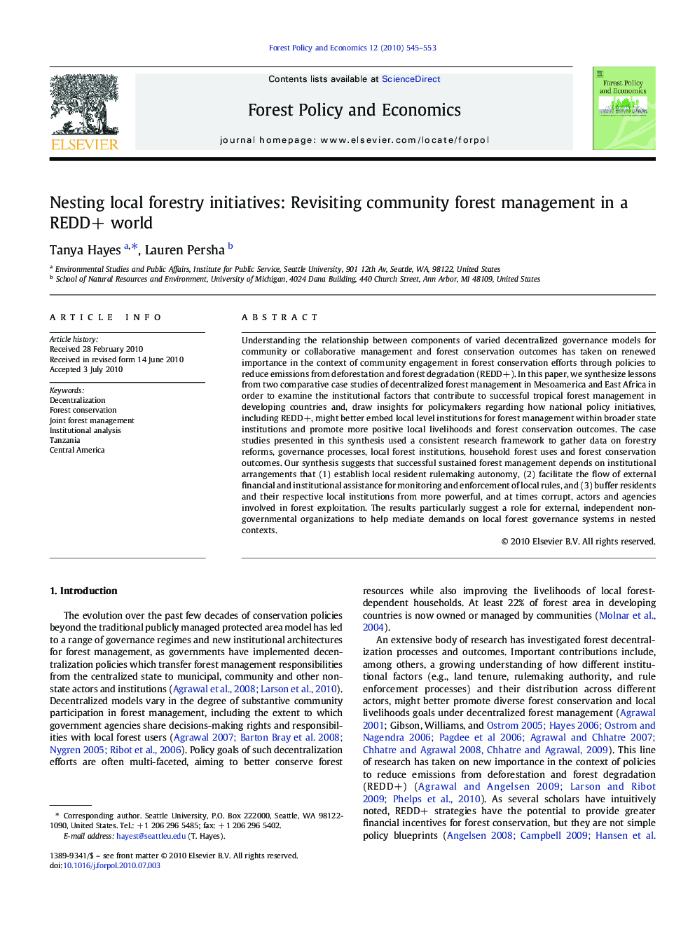 Nesting local forestry initiatives: Revisiting community forest management in a REDD+ world