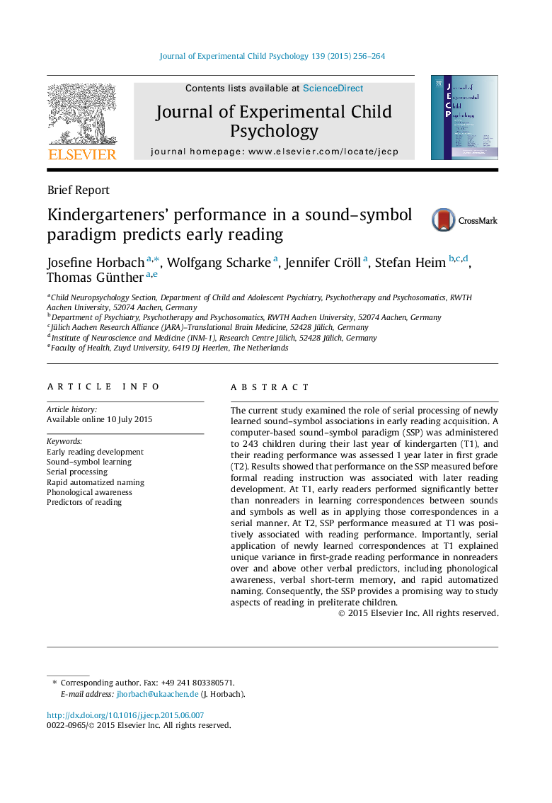 Kindergarteners' performance in a sound-symbol paradigm predicts early reading