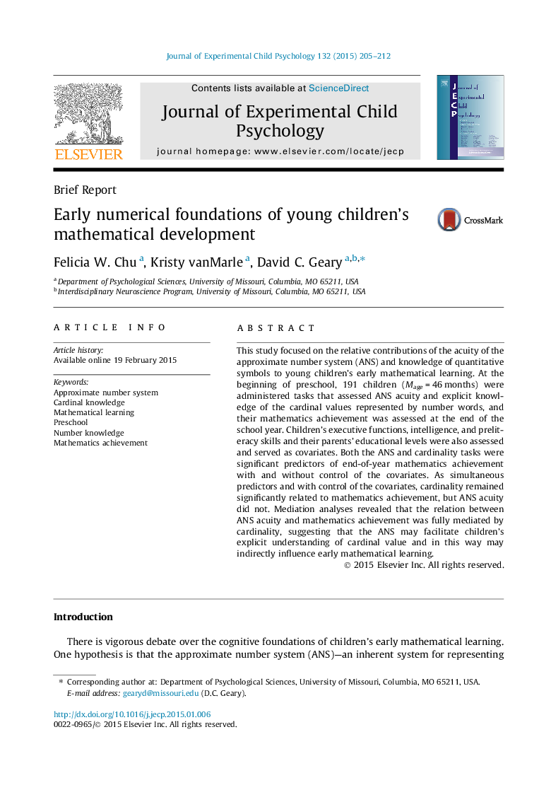 Early numerical foundations of young children’s mathematical development