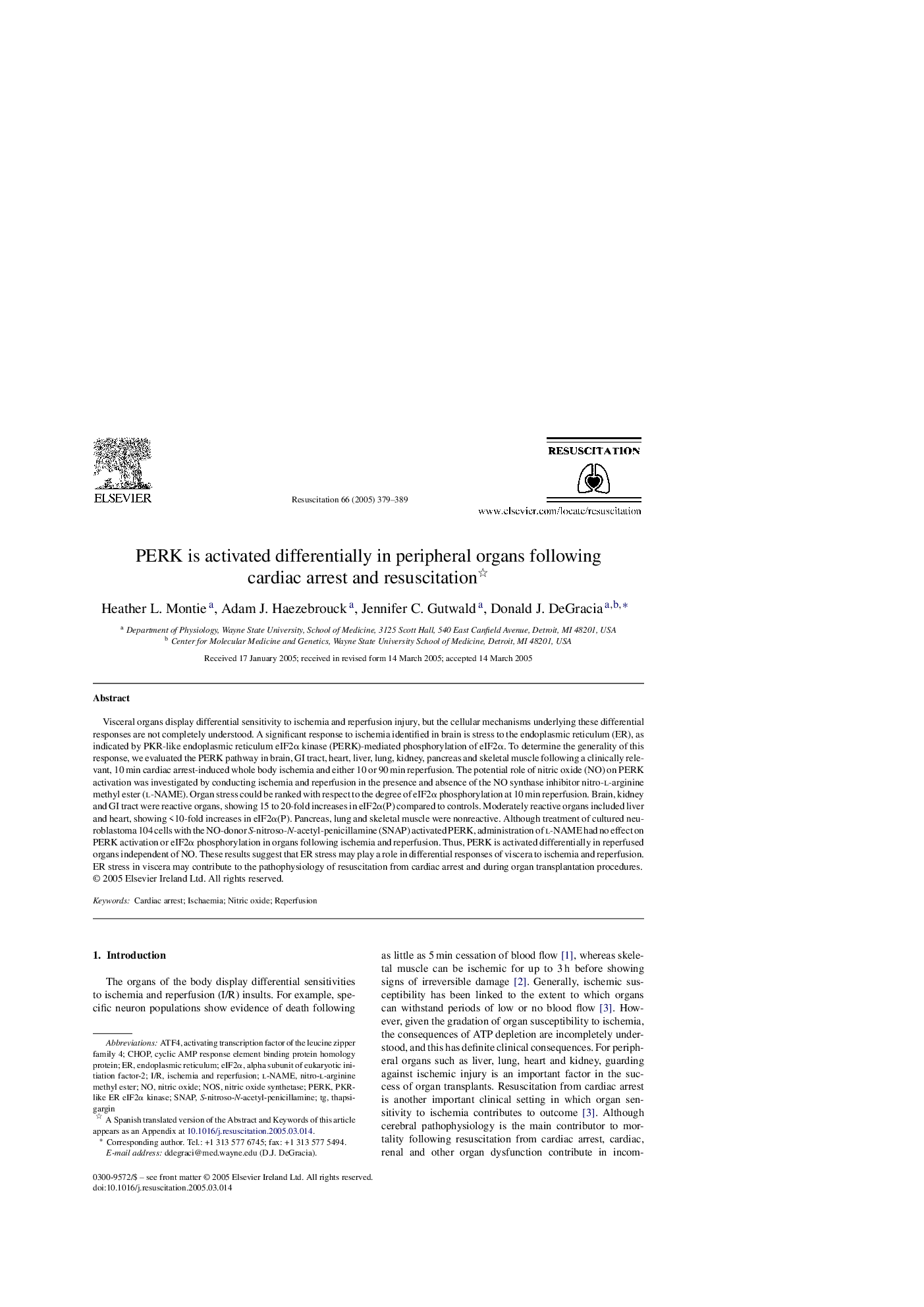 عکس صفحه اول مقاله: PERK is activated differentially in peripheral organs following cardiac arrest and resuscitation PERK is activated differentially in peripheral organs following cardiac arrest and resuscitation
