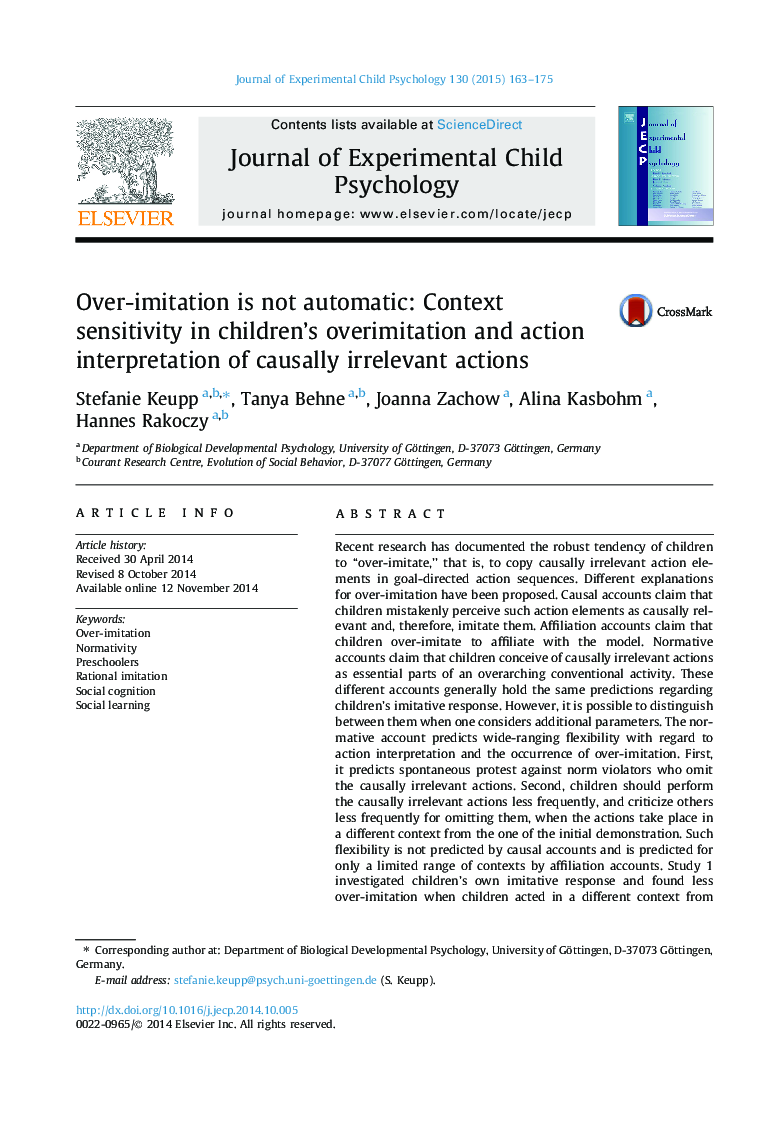 Over-imitation is not automatic: Context sensitivity in children’s overimitation and action interpretation of causally irrelevant actions