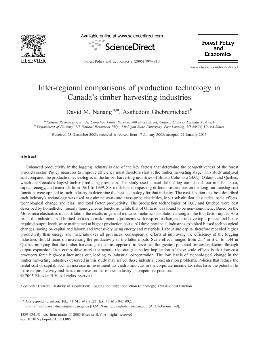 Inter-regional comparisons of production technology in Canada's timber harvesting industries