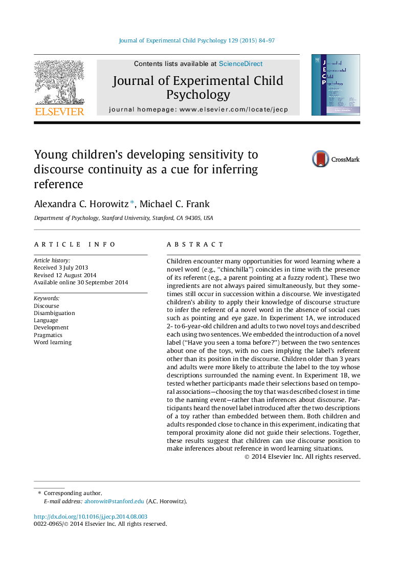 Young children’s developing sensitivity to discourse continuity as a cue for inferring reference